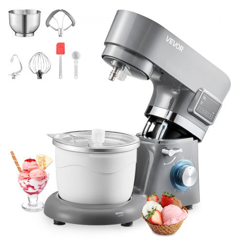 Eismaschine, 1,7 l Fassungsvermögen, 6-stufiger elektrischer Standmixer mit LED-Digitalanzeige und Timer, Rührbesen, Knethaken, Spritzschutz, für hausgemachtes Frozen Yogurt, Fruchtsorbet und Gelato, Grau