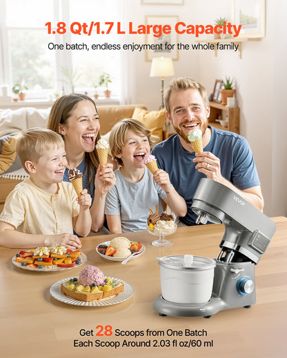 Eismaschine, 1,7 l Fassungsvermögen, 6-stufiger elektrischer Standmixer mit LED-Digitalanzeige und Timer, Rührbesen, Knethaken, Spritzschutz, für hausgemachtes Frozen Yogurt, Fruchtsorbet und Gelato, Grau