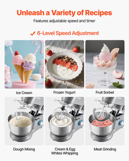 Eismaschine, 1,7 l Fassungsvermögen, 6-stufiger elektrischer Standmixer mit LED-Digitalanzeige und Timer, Rührbesen, Knethaken, Spritzschutz, für hausgemachtes Frozen Yogurt, Fruchtsorbet und Gelato, Grau