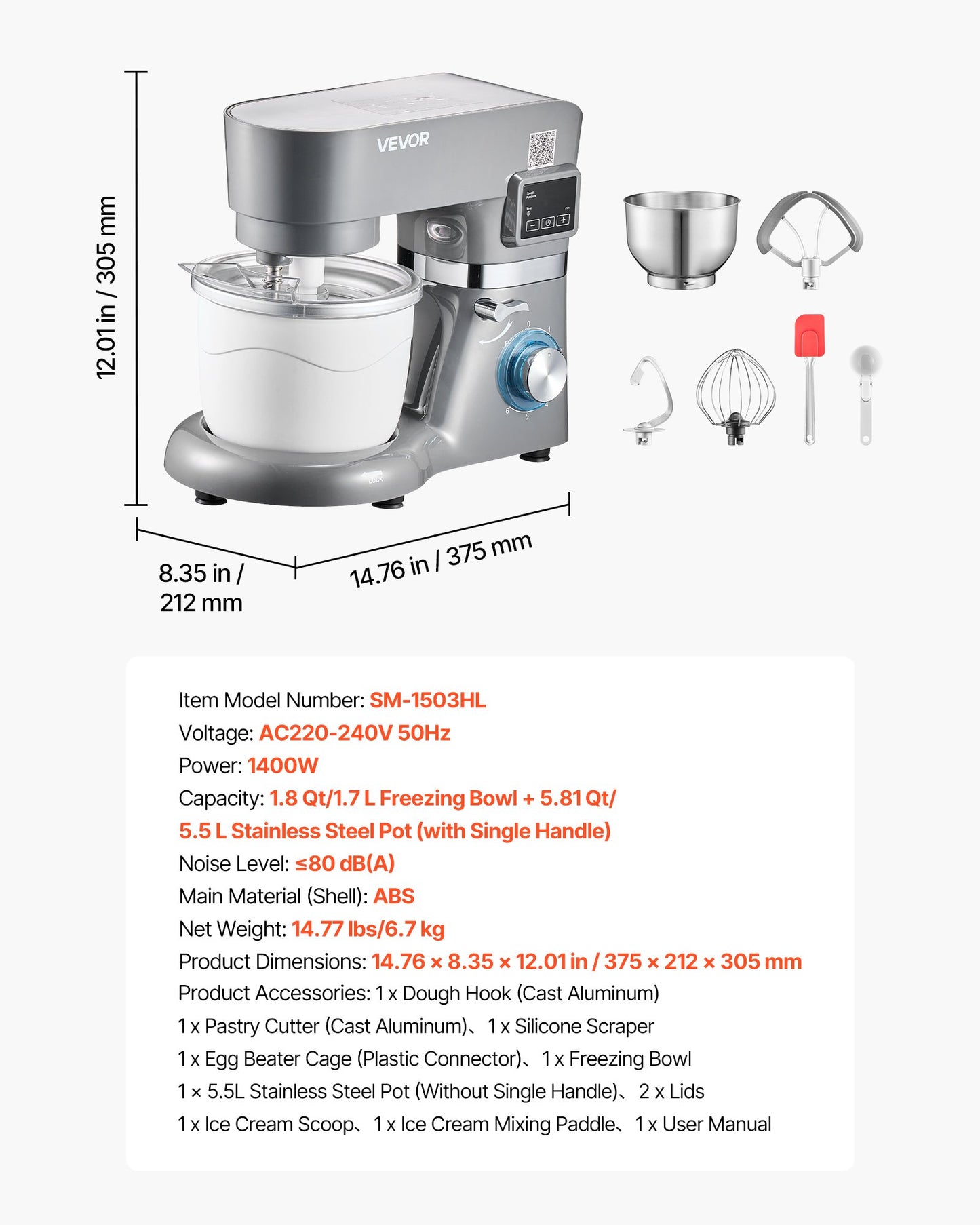 Eismaschine, 1,7 l Fassungsvermögen, 6-stufiger elektrischer Standmixer mit LED-Digitalanzeige und Timer, Rührbesen, Knethaken, Spritzschutz, für hausgemachtes Frozen Yogurt, Fruchtsorbet und Gelato, Grau