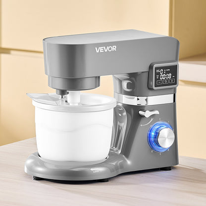 Eismaschine, 1,7 l Fassungsvermögen, 6-stufiger elektrischer Standmixer mit LED-Digitalanzeige und Timer, Rührbesen, Knethaken, Spritzschutz, für hausgemachtes Frozen Yogurt, Fruchtsorbet und Gelato, Grau