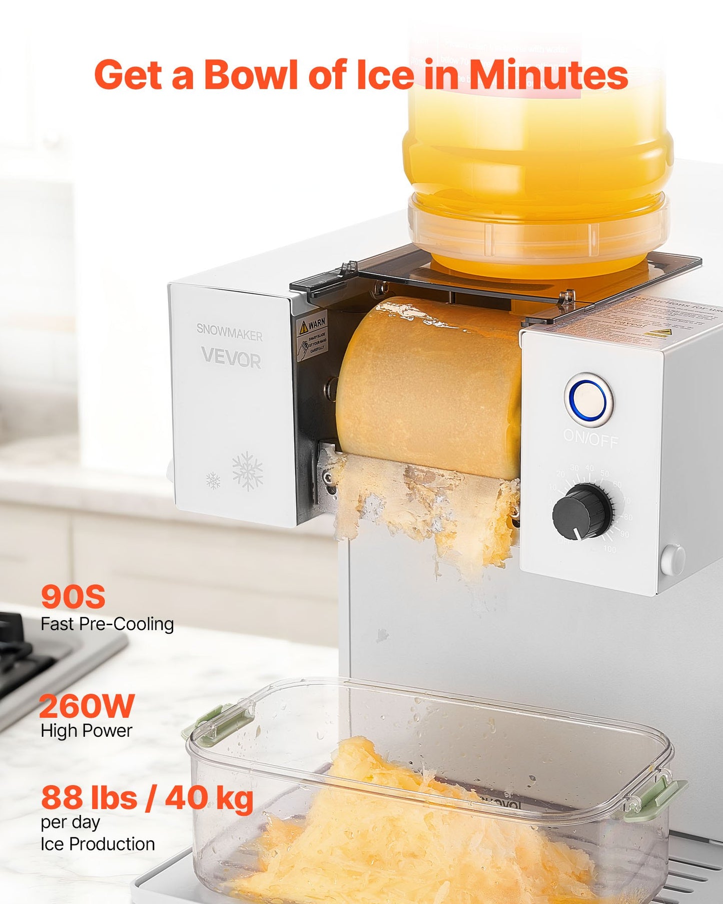 Schneeflocken-Eismaschine, 40 kg/24 h, Eismaschine mit Edelstahlklinge, elektrische Schneekegelmaschine mit 1,8-Liter-Tank, 90 Sekunden Schnellvorkühlung, für Zuhause und kleine Feiern