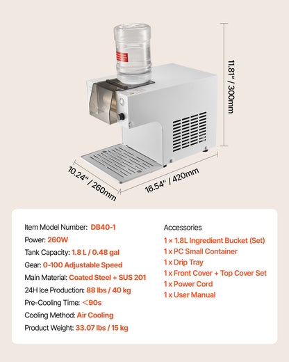 Schneeflocken-Eismaschine, 40 kg/24 h, Eismaschine mit Edelstahlklinge, elektrische Schneekegelmaschine mit 1,8-Liter-Tank, 90 Sekunden Schnellvorkühlung, für Zuhause und kleine Feiern