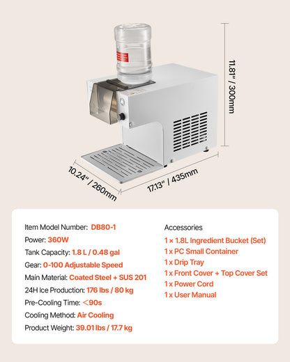 Schneeflocken-Eismaschine, 80 kg/24 h, Eismaschine mit Edelstahlklinge, elektrische Schneekegelmaschine mit 1,8-Liter-Tank, 90 Sekunden Vorkühlzeit, für Zuhause und kleine Feiern