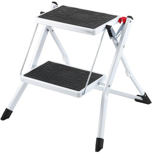 Zweistufige Trittleiter, Tragkraft 150 kg, ergonomischer, klappbarer Stahltritt mit breitem, rutschfestem Pedal, robuster Tritt für Erwachsene und Kleinkinder, vielseitig einsetzbar in Haushalt, Küche, Büro und Wohnmobilen