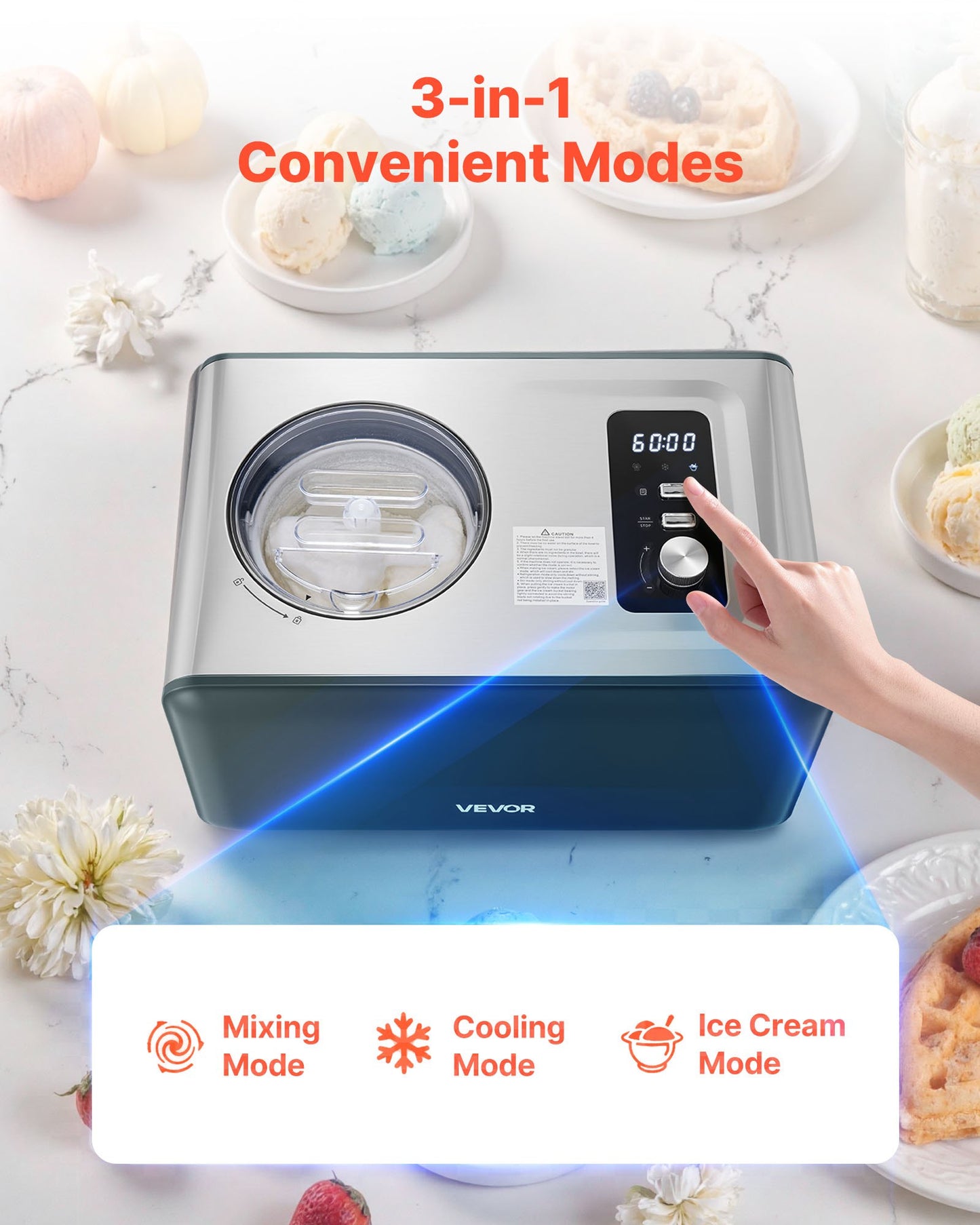 Automatic Ice Cream Maker with Built-in Compressor, 1.5L No Pre-freezing Gelato Maker, Electric Sorbet-Maker, 3 Modes Compressor Ice Cream Machine for Home Kitchen