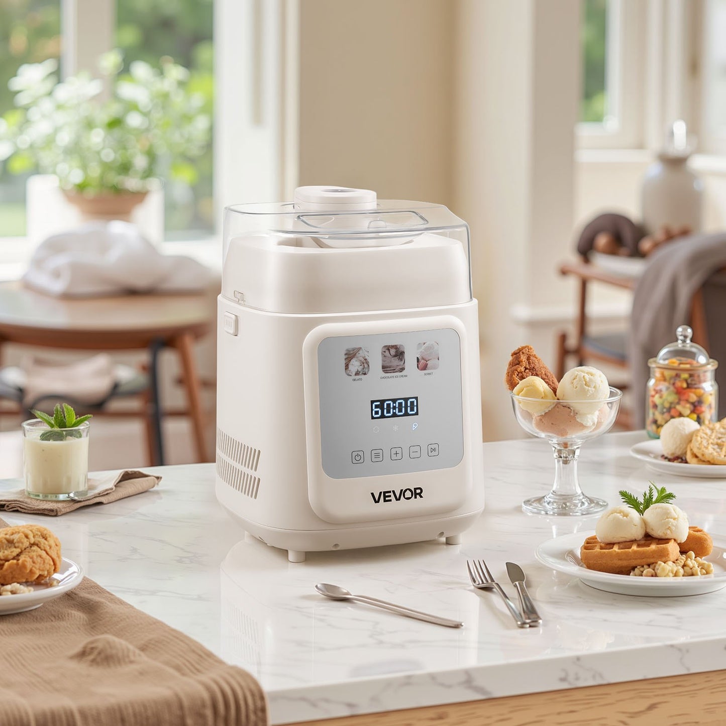 Stehende, automatische Eismaschine mit eingebautem Kompressor, 1-Liter-Gelato- und Frozen-Yogurt-Maschine (kein Vorkühlen erforderlich), elektrischer Sorbetbereiter mit 4 Modi, Kompressor-Eismaschine für Zuhause