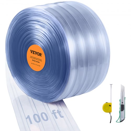 Strip Curtain, 100' Length x 12" Width x 0.12" Thickness, Clear Ribbed PVC Curtain Strip Door Bulk Roll, Plastic Door Strips for Doorway of Supermarket, Garage, Warehouse, Barn, Pet Animal House