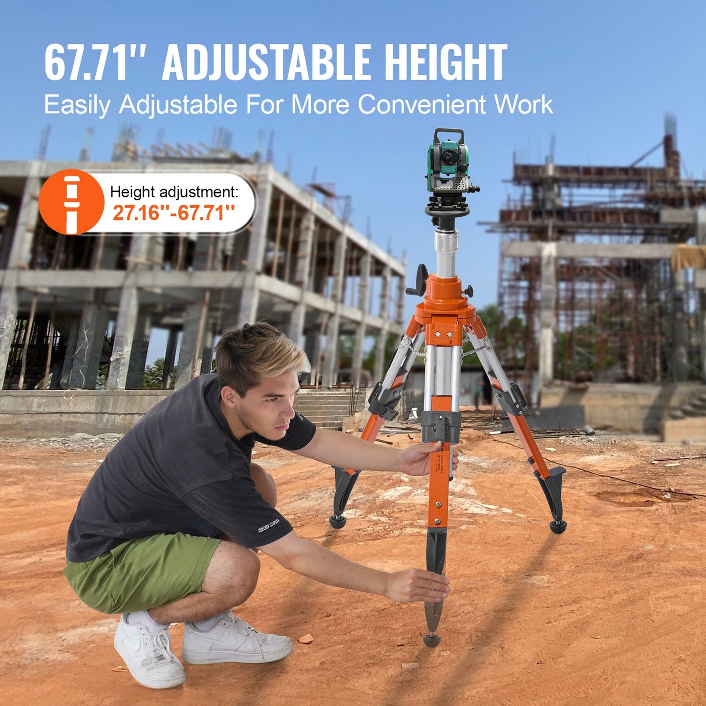 Stativ mit Laser-Nivelliergerät, 5/8"-11-Gewindeanschluss, 69–172 cm Höhenverstellung, robustes Vermessungsstativ mit Libelle und Diffusionsbegrenzer, ausklappbaren, rutschfesten Füßen für Baustellen