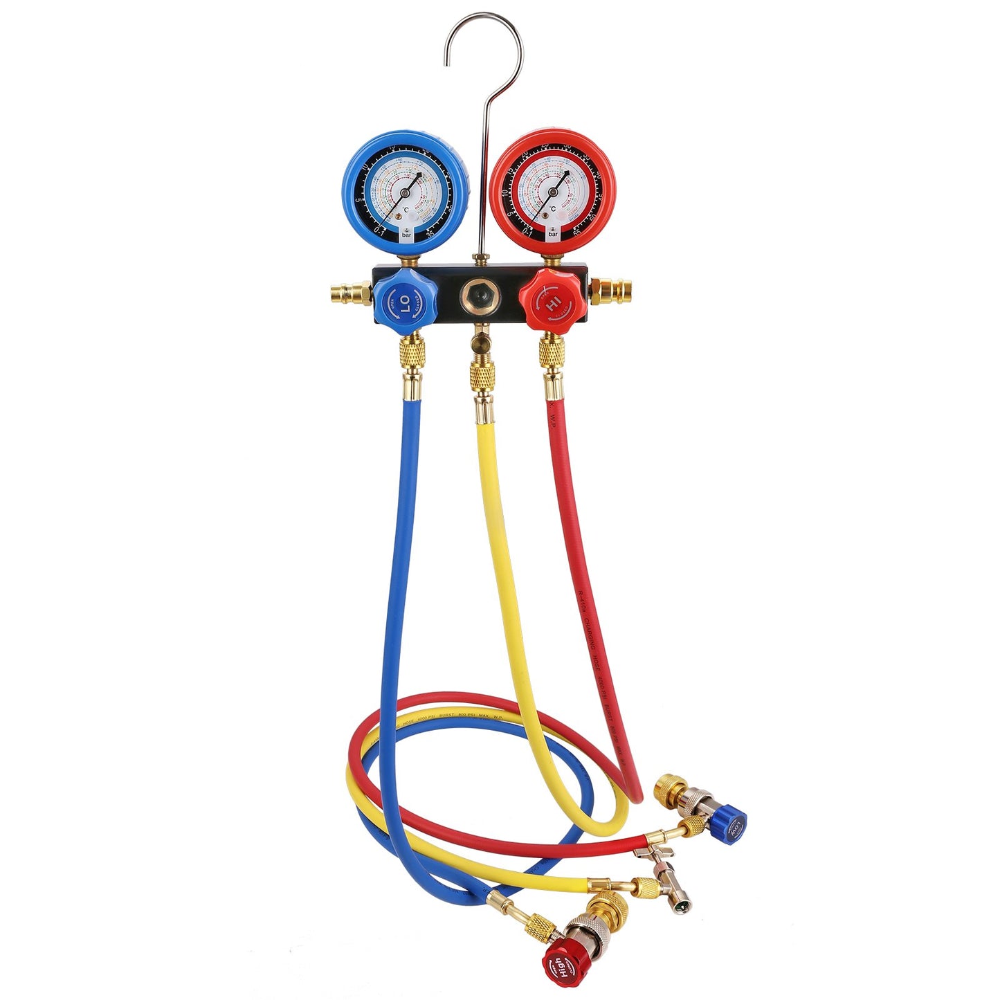 1/5 PS 3,5 CFM Klimaanlagen-Vakuumpumpen- und Manometer-Set, einstufige Drehschieber-Vakuumpumpe für HLK-Kältemittel, Kältemittel-Set mit Verteiler und Manometer, inklusive dreifarbiger Schlauchtasche, geeignet für R134a und R1234yf