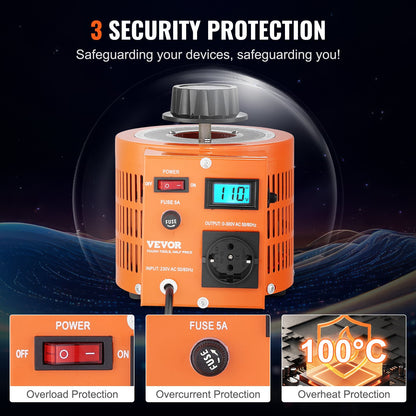 1000 VA Auto-Spannungsregler, 3,3 A, 230 V Eingang, 0–300 V Ausgang, mit LCD-Anzeige, 4 zusätzlichen Sicherungen und Thermoschalter für Haushalt, Industrie und Büro, CE-zertifiziert