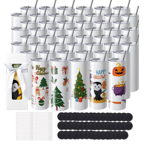 50 Pack Straight Sublimation Tumblers, 20 oz/567 g Blank Tumbler Bulk, Stainless Steel Double Wall Tumbler Cups with Straw, Lid, Brush, Base, Shrink Wrap, Gift Box, for Heat Press and Heat Transfer