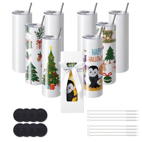 8 Pack Straight Sublimation Tumblers, 30 oz/850.5 g Blank Tumbler Bulk, Stainless Steel Double Wall Tumbler Cups with Straw, Lid, Brush, Base, Shrink Wrap, Gift Box, for Heat Press and Heat Transfer