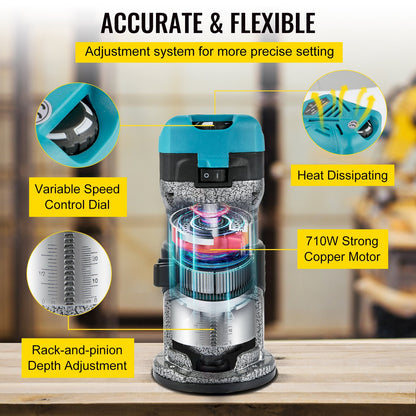 Router Tool, 710W Wood Router, Router for Woodworking with 3 Router Collets, Wood Router Tool with Fixed & Plunge & Tilt Base, Woodworking Router with Aluminum Shell & 13000-33000 r/min Rotating