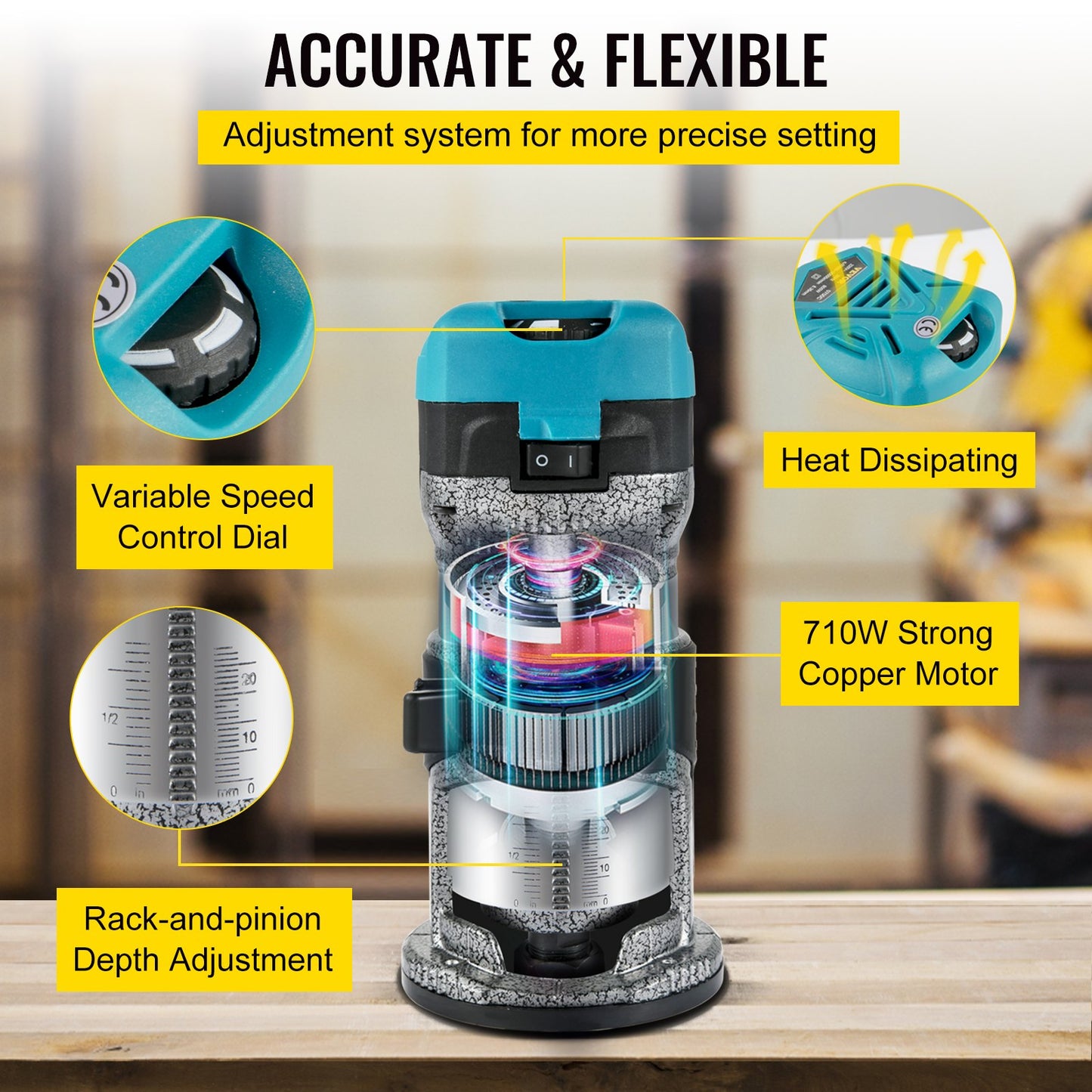 Oberfräse, 710-W-Holzfräse, Oberfräse für die Holzbearbeitung mit 3 Spannzangen, Holzfräse mit fester, tauch-, neig- und versetzter Basis, Holzbearbeitungs-Oberfräse mit Aluminiumgehäuse und variabler Rotation