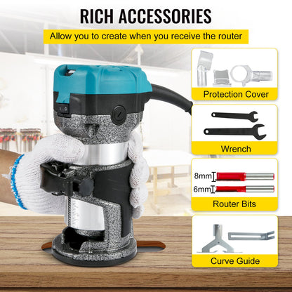 Oberfräse, 710-W-Holzfräse, Oberfräse für die Holzbearbeitung mit 3 Spannzangen, Holzfräse mit fester, tauch-, neig- und versetzter Basis, Holzbearbeitungs-Oberfräse mit Aluminiumgehäuse und variabler Rotation