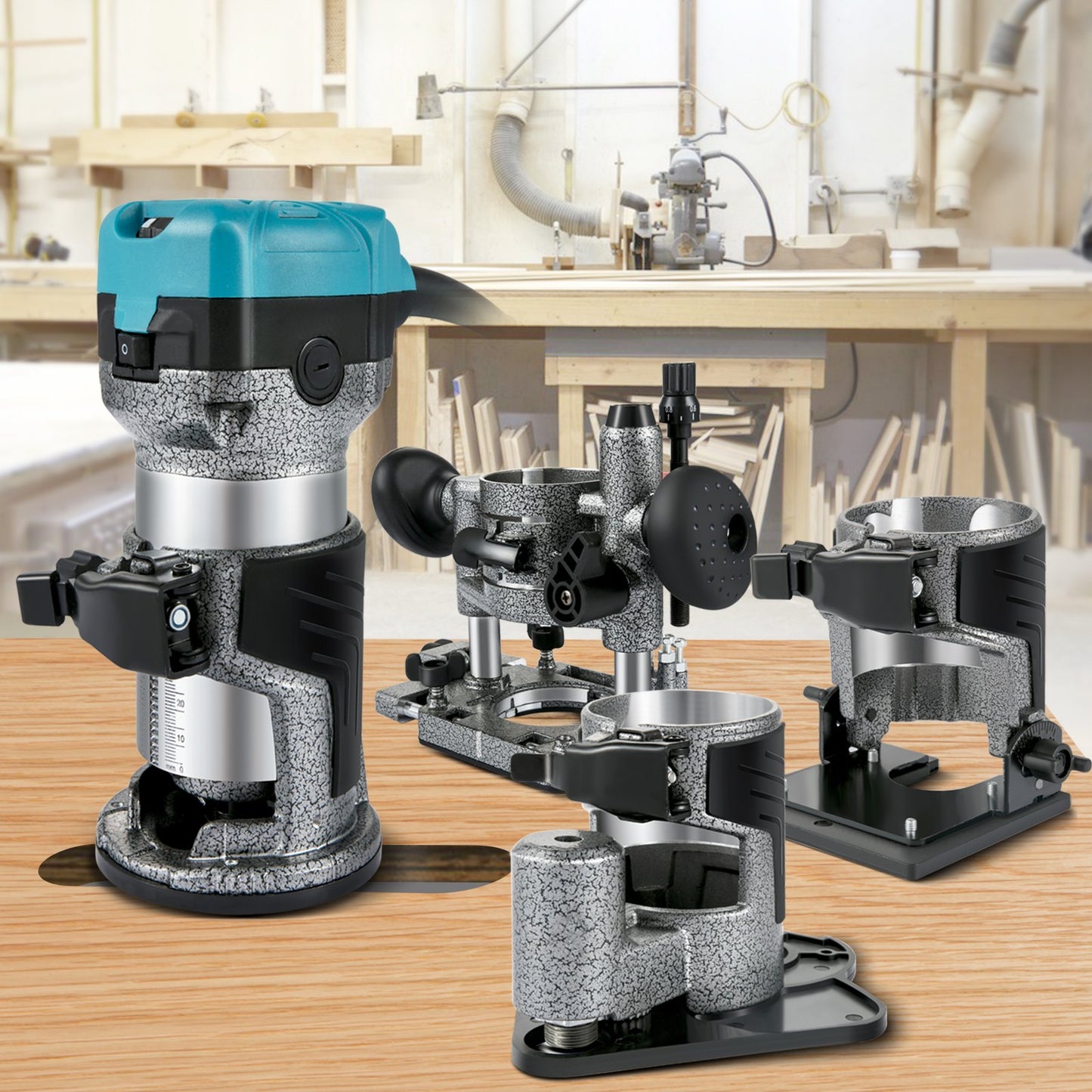 Oberfräse, 710-W-Holzfräse, Oberfräse für die Holzbearbeitung mit 3 Spannzangen, Holzfräse mit fester, tauch-, neig- und versetzter Basis, Holzbearbeitungs-Oberfräse mit Aluminiumgehäuse und variabler Rotation