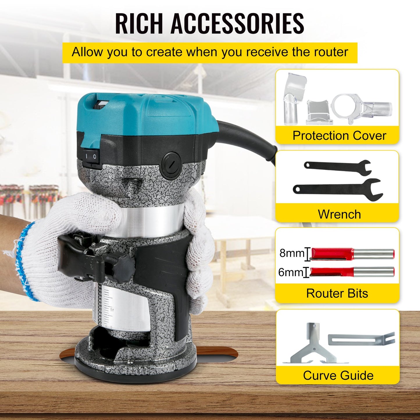 Router Tool, 710W Wood Router, Router for Woodworking with Three Router Collets, Wood Router Tool with Fixed Base, Woodworking Router with Aluminum Shell and 13000 - 33000 r/min Rotating Speed