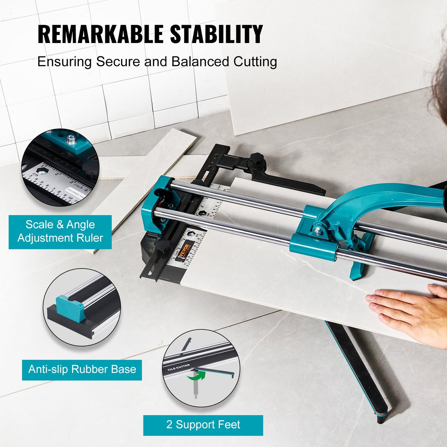 Manual Tile Cutter, 1200mm, Porcelain Ceramic Tile Cutter with Tungsten Carbide Cutting Wheel, Infrared Positioning, Anti-Skid Feet, Double Rails for professional installers or beginners