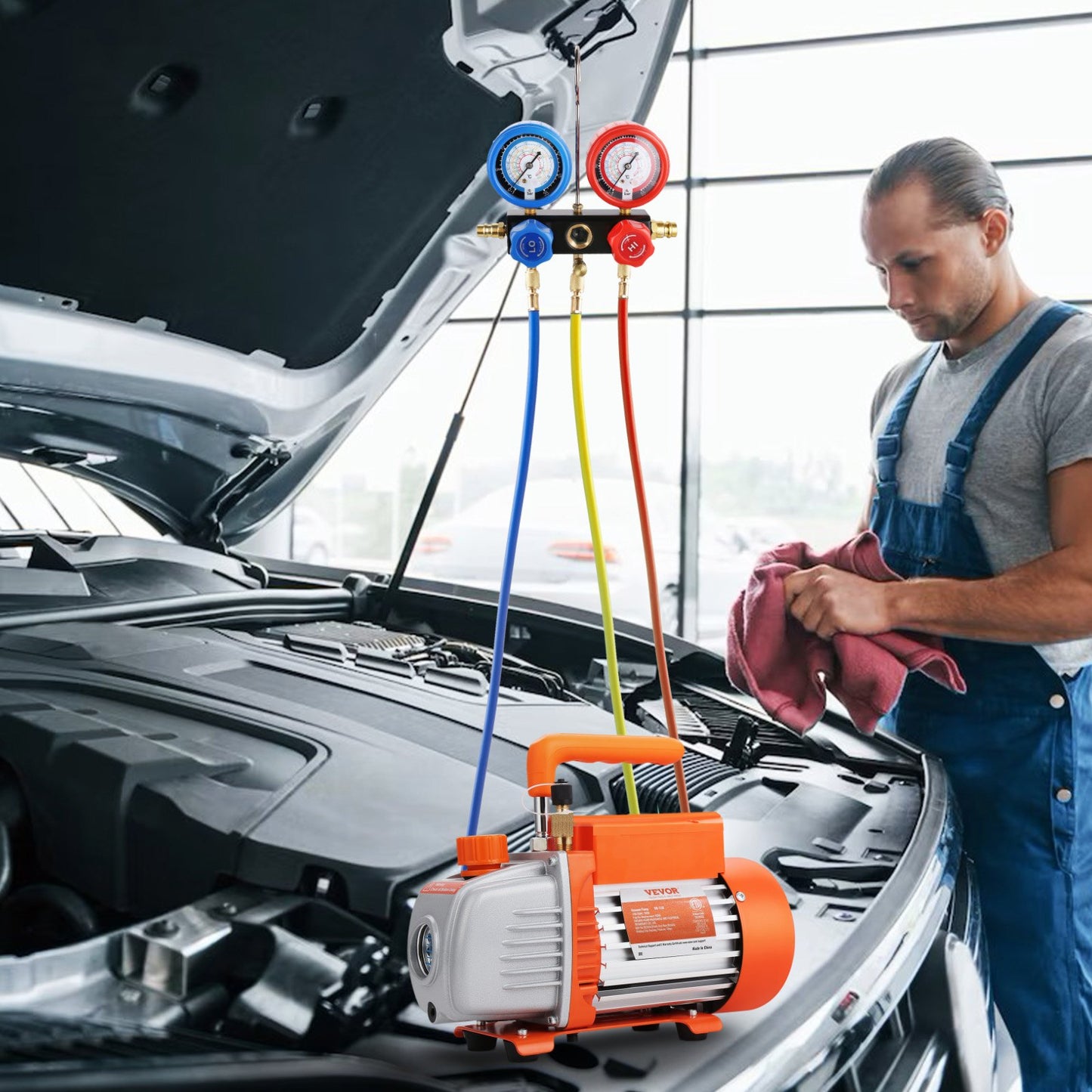 186 W (1/4 PS), 267 l/min (4,5 CFM) Klimaanlagen-Vakuumpumpe mit Manometer, einstufige Drehschieber-Vakuumpumpe für Klimaanlagen, Kältemittel-Set mit Manometer, inklusive dreifarbiger Schlauchtasche, geeignet für R134a und R410a