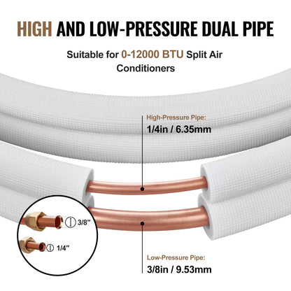 7620 mm Mini-Split-Leitungsset, 6,4 &amp; 9,5 mm Außendurchmesser Kupferrohre und dreilagige Isolierung, für Mini-Split-Klimaanlagen, Kältemittel- oder Heizpumpen und HLK-Anlagen mit Umhüllungsstreifen.