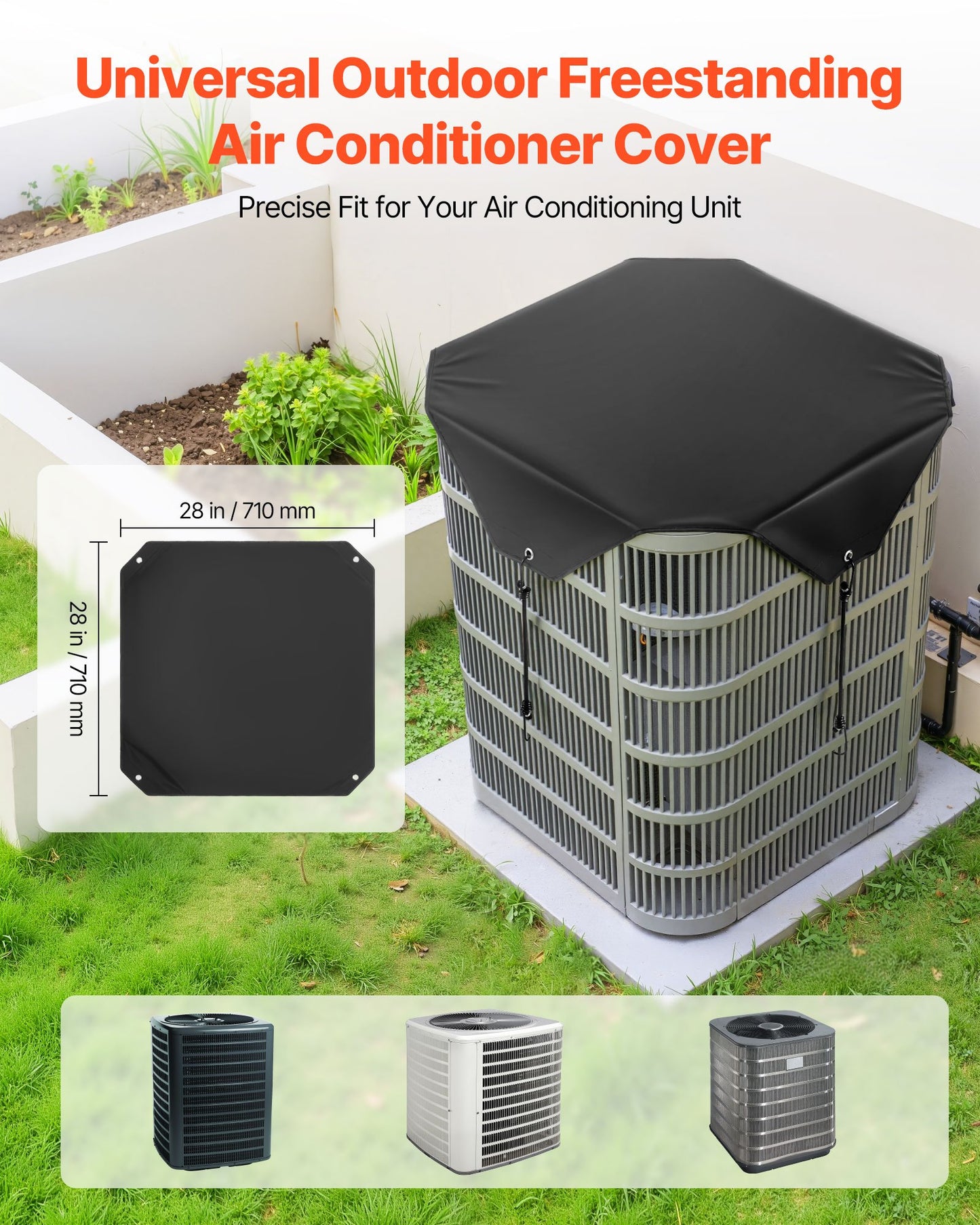 Air Conditioner Cover for Outside Units, 710 x 710 mm Central AC Cover for Air Conditioning Unit, Top Universal Mesh Defender Rainproof Easy Install for Outdoor Outside All Seasons, Black