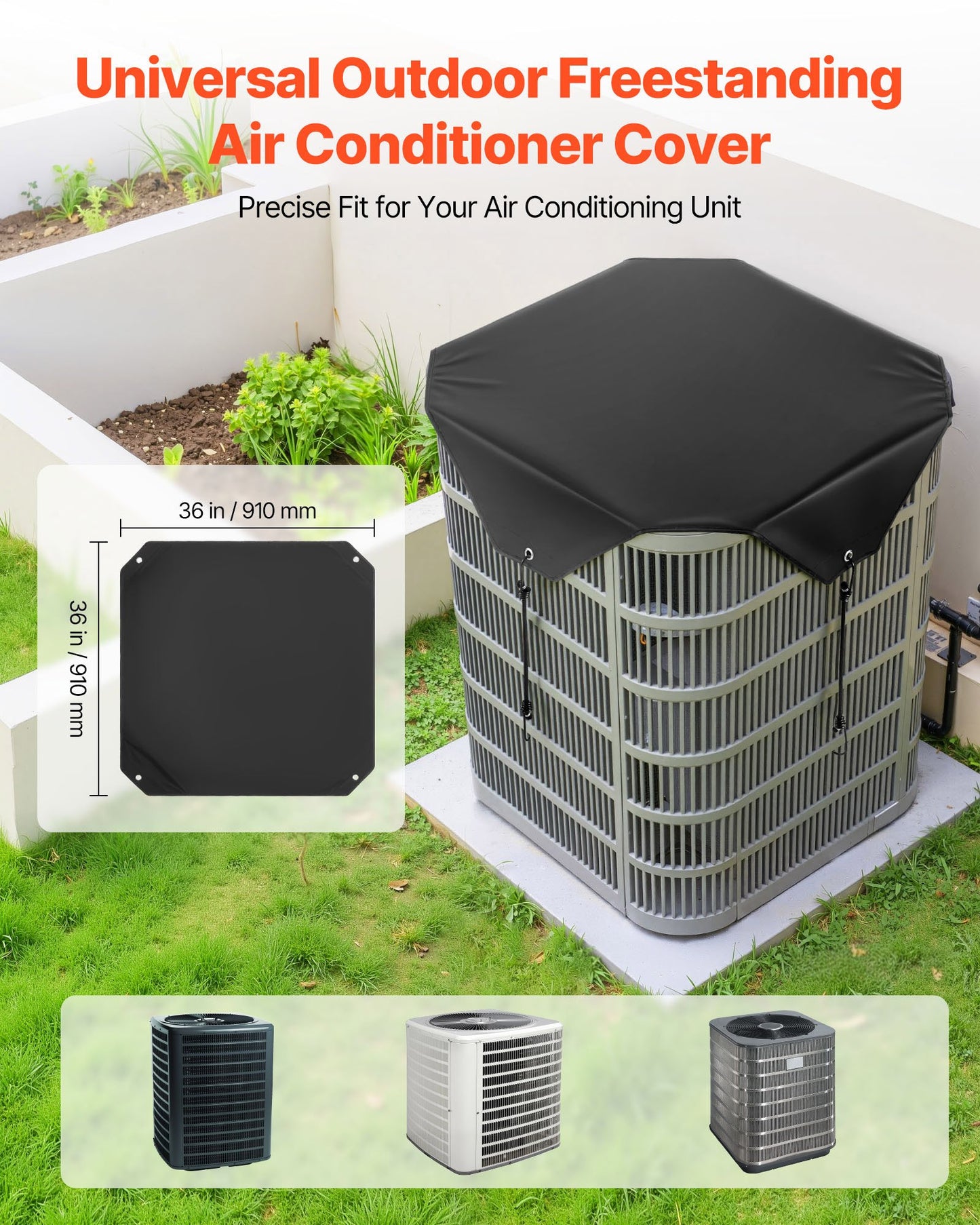 Air Conditioner Cover for Outside Units, 910 x 910 mm Central AC Cover for Air Conditioning Unit, Top Universal Mesh Defender Rainproof Easy Install for Outdoor Outside All Seasons, Black