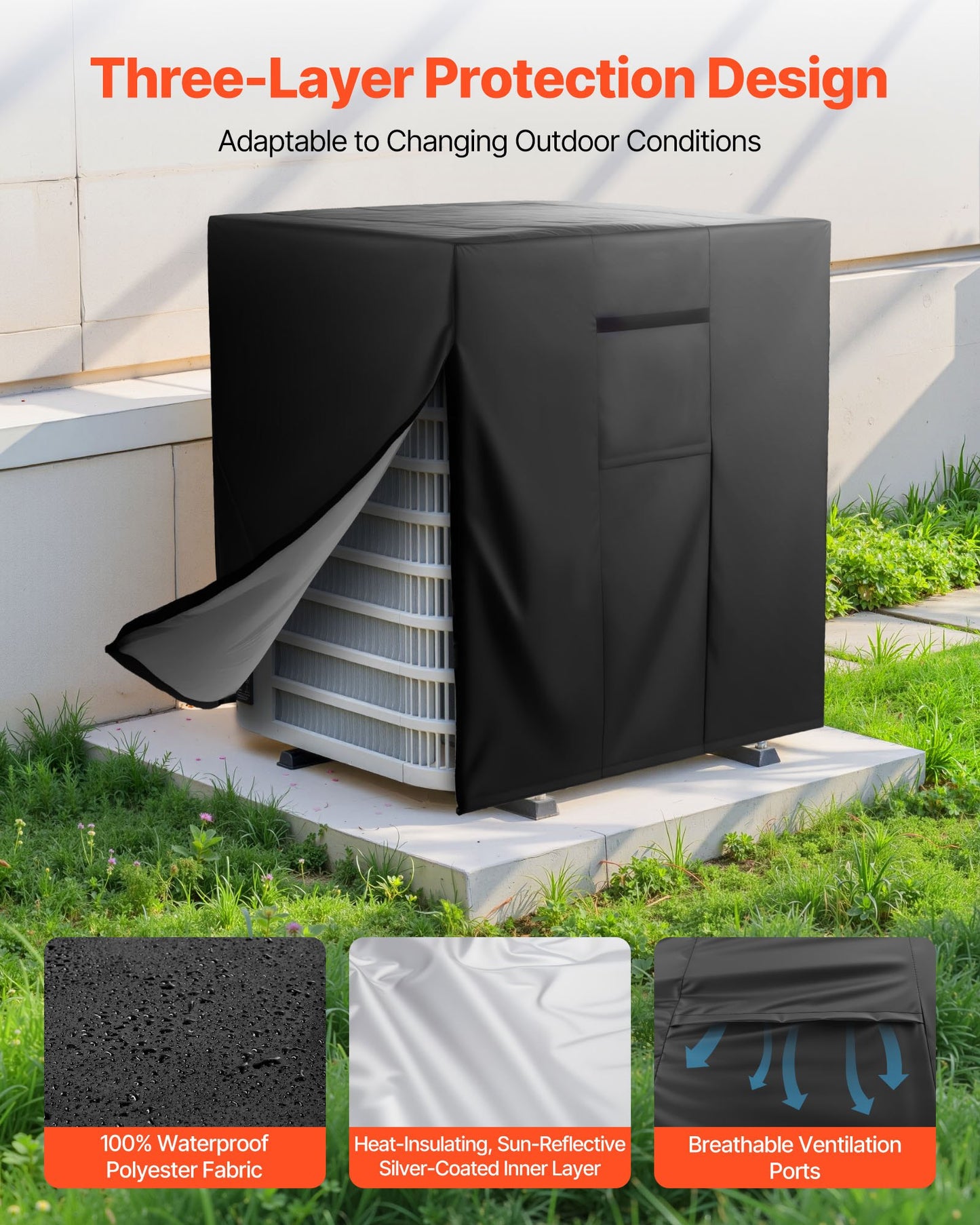 Air Conditioner Cover, 914 x 914 x 1010 mm Ac Cover for Air Conditioning Unit, Three-Layer, Waterproof Polyester Fabric, Mesh Ventilation, Universal Defender for Outdoor Outside Ac Unit, Black