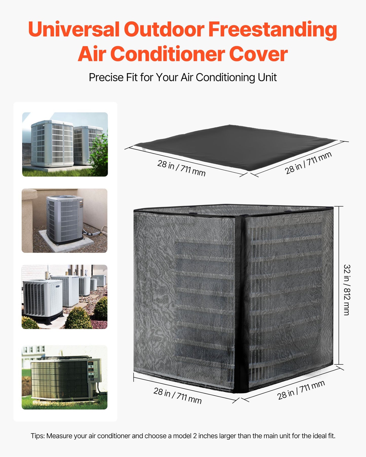 Air Conditioner Cover, 711 x 711 x 812 mm Ac Cover for Air Conditioning Unit, Dual-Layer, Detachable Canopy,Waterproof Polyester, Universal HVAC Protector for Outdoor Outside Ac Unit, Black