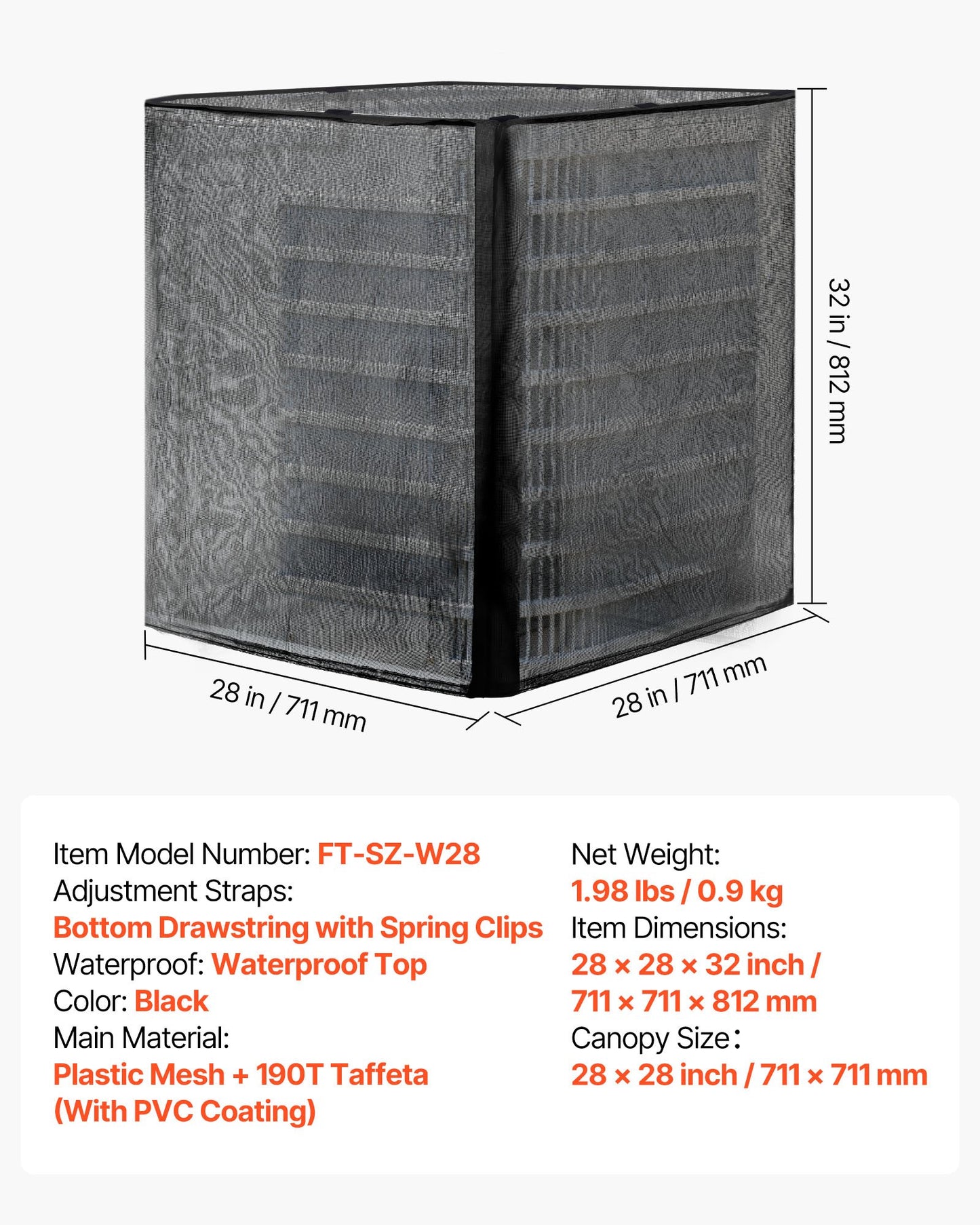 Air Conditioner Cover, 711 x 711 x 812 mm Ac Cover for Air Conditioning Unit, Dual-Layer, Detachable Canopy,Waterproof Polyester, Universal HVAC Protector for Outdoor Outside Ac Unit, Black