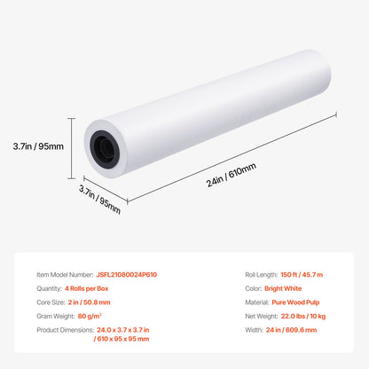 Wide Format Paper, 24 in x 150 ft Plotter Paper, 4 Rolls CAD Bond Rolls with 2 in Core, 20 LB Bond Paper Rolls, Idea for CAD Drawings, Engineering Plans, GIS Maps & Architectural Designs