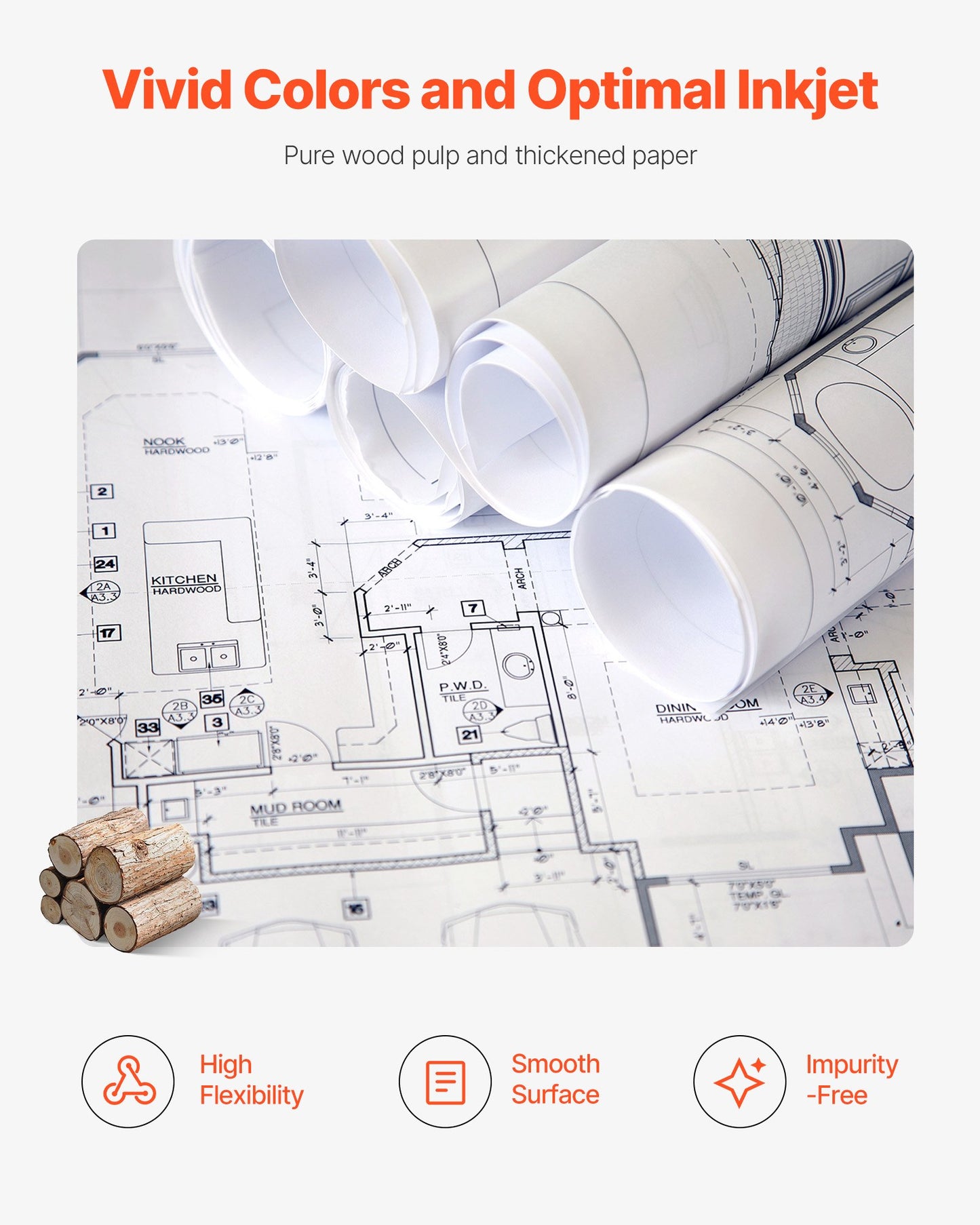 Wide Format Paper, 609.6 mm x 45.7 m Plotter Roll, 2 Rolls CAD Bond Rolls with 50.8 mm Core, 80 GSM Plotter Roll Rolls, for CAD Drawings, Engineering Plans, GIS Maps, and Architectural Designs