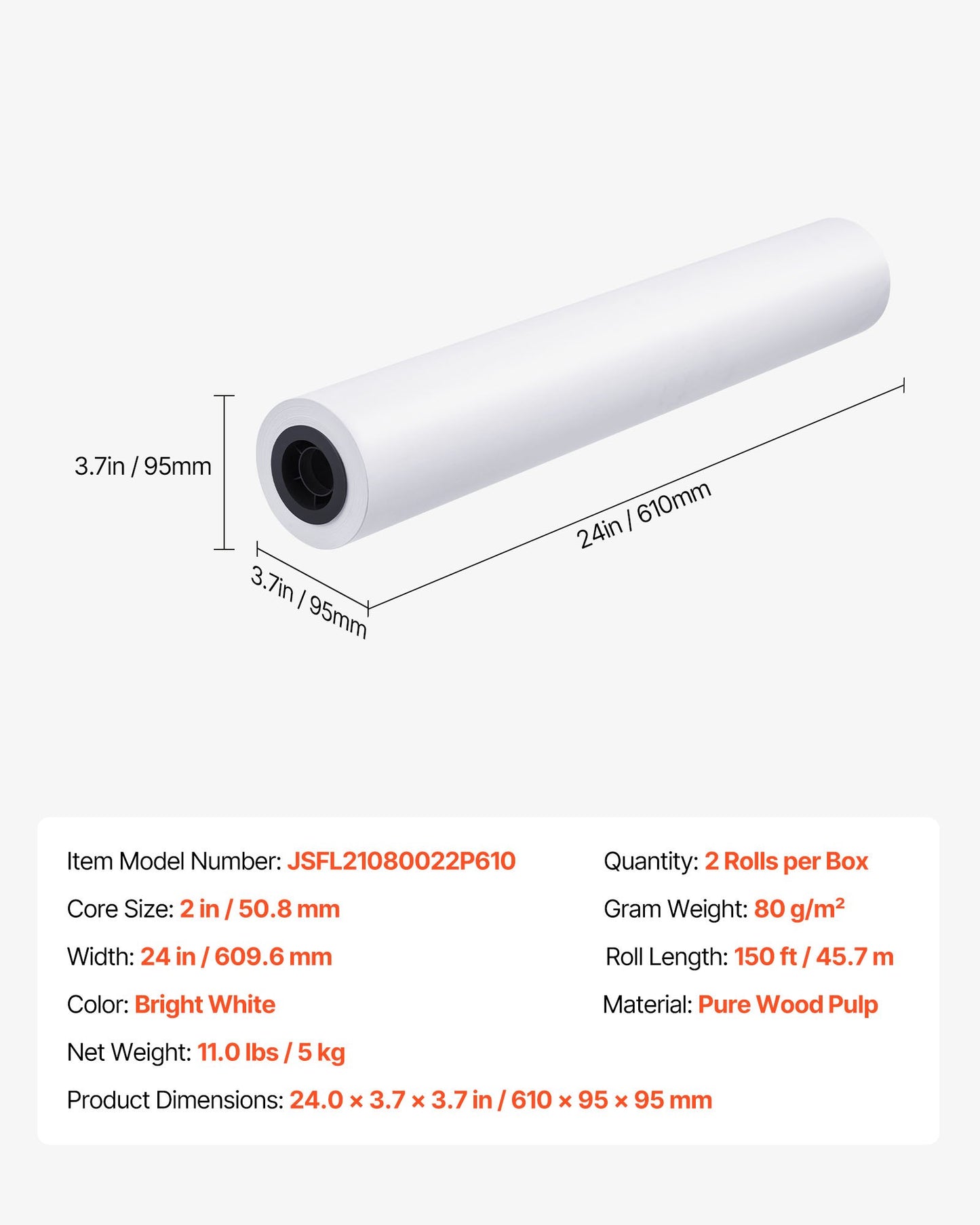 Wide Format Paper, 609.6 mm x 45.7 m Plotter Roll, 2 Rolls CAD Bond Rolls with 50.8 mm Core, 80 GSM Plotter Roll Rolls, for CAD Drawings, Engineering Plans, GIS Maps, and Architectural Designs