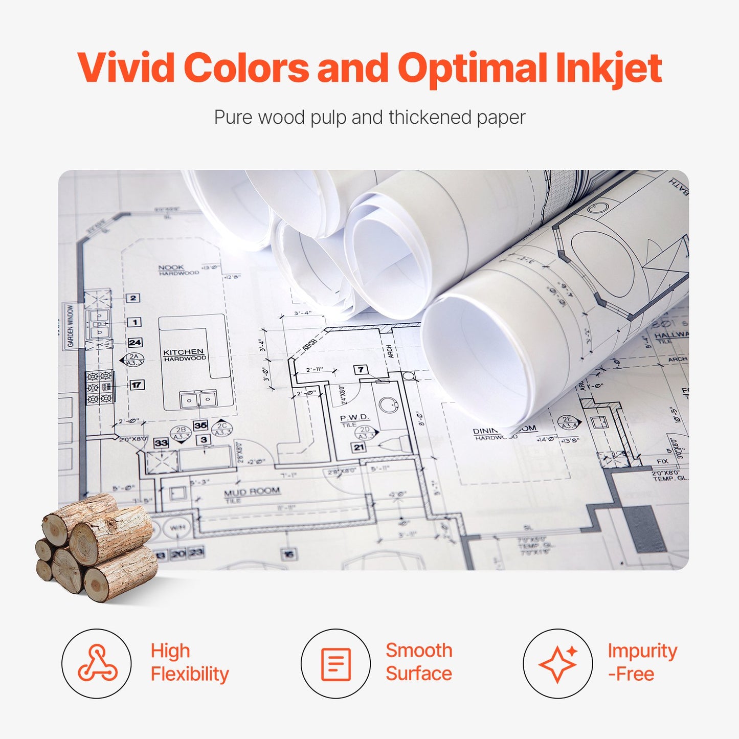 Wide Format Paper, 61 cm x 152.4 m Plotter Paper, 2 Rolls CAD Bond Rolls with 7.62 cm Core, 75 g/m² Bond Paper Rolls, Idea for CAD Drawings, Engineering Plans, GIS Maps & Architectural Designs