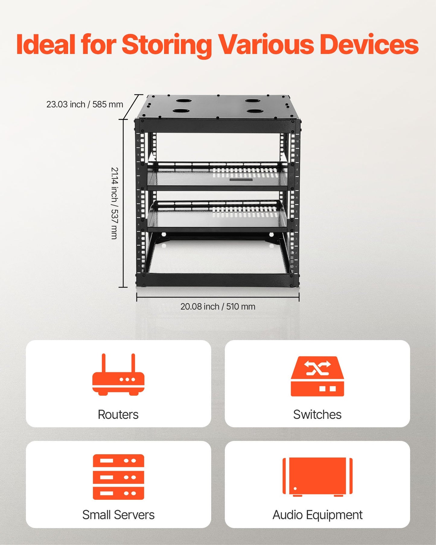 10HE Open-Frame-Netzwerkschrank, 585 mm Tiefe, Wand- oder Standmontage, robustes 4-Pfosten-System, mit belüfteten Regalböden und Montagematerial, bietet Platz für Ihre gesamte Netzwerk-, IT- und AV-Ausrüstung.