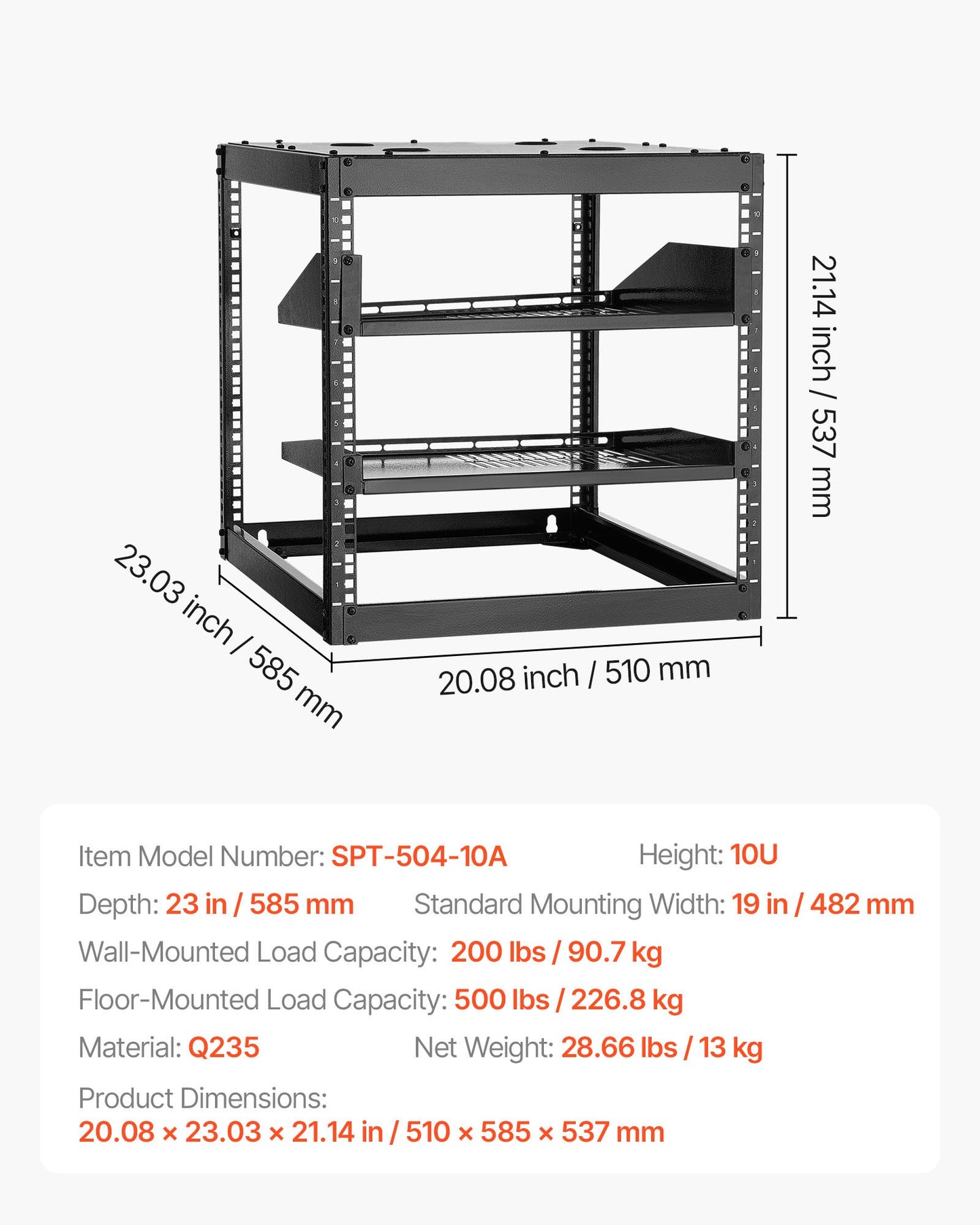 10HE Open-Frame-Netzwerkschrank, 585 mm Tiefe, Wand- oder Standmontage, robustes 4-Pfosten-System, mit belüfteten Regalböden und Montagematerial, bietet Platz für Ihre gesamte Netzwerk-, IT- und AV-Ausrüstung.