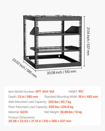 10HE Open-Frame-Netzwerkschrank, 585 mm Tiefe, Wand- oder Standmontage, robustes 4-Pfosten-System, mit belüfteten Regalböden und Montagematerial, bietet Platz für Ihre gesamte Netzwerk-, IT- und AV-Ausrüstung.