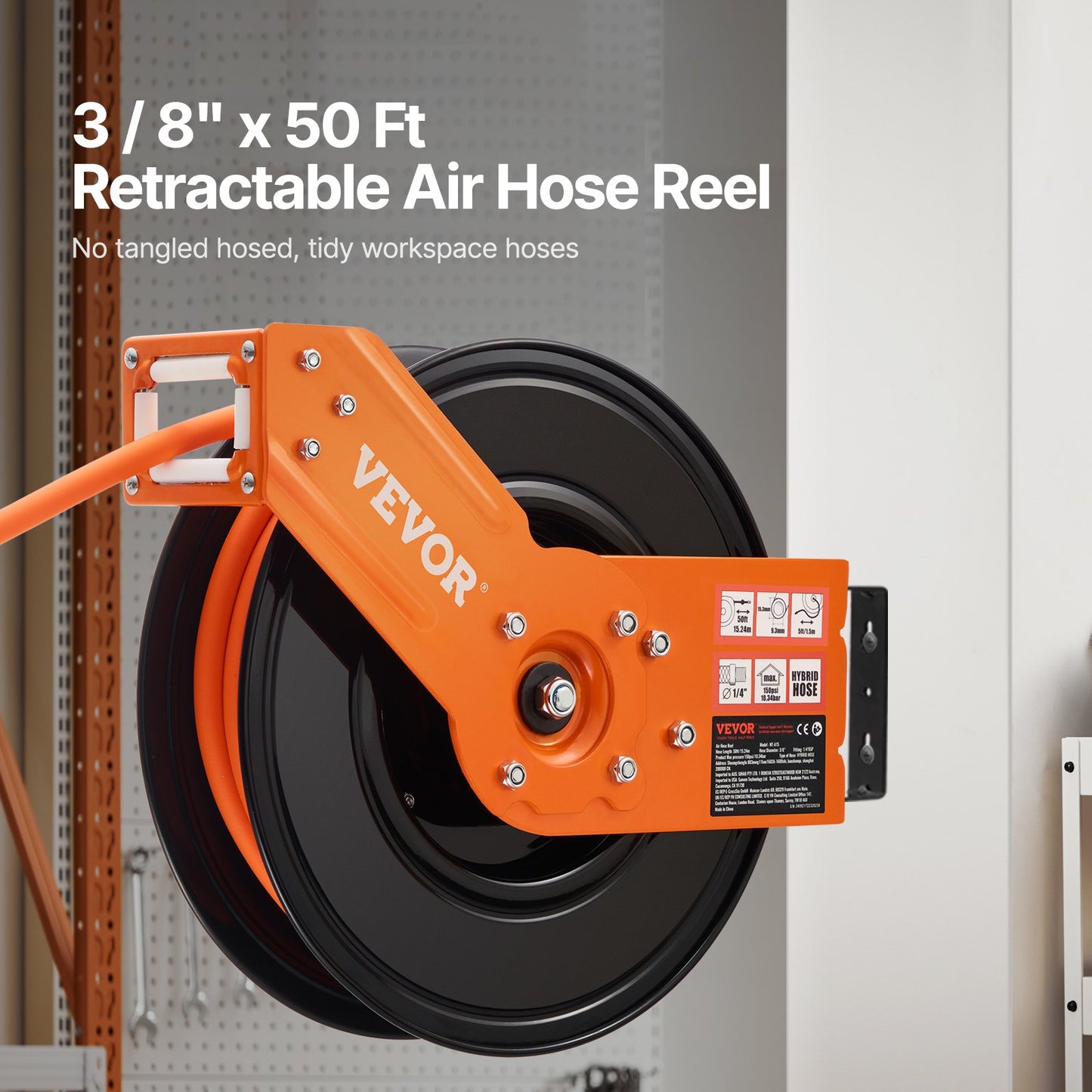 Retractable Air Hose Reel, 3/8IN x 50FT Hybrid Air Hose Max 300PSI, Air Compressor Hose Reel Auto-Rewind with 5FT Lead in, Ceiling/Wall Mount Heavy Duty Single Arm Reel & 180° Swivel Bracket