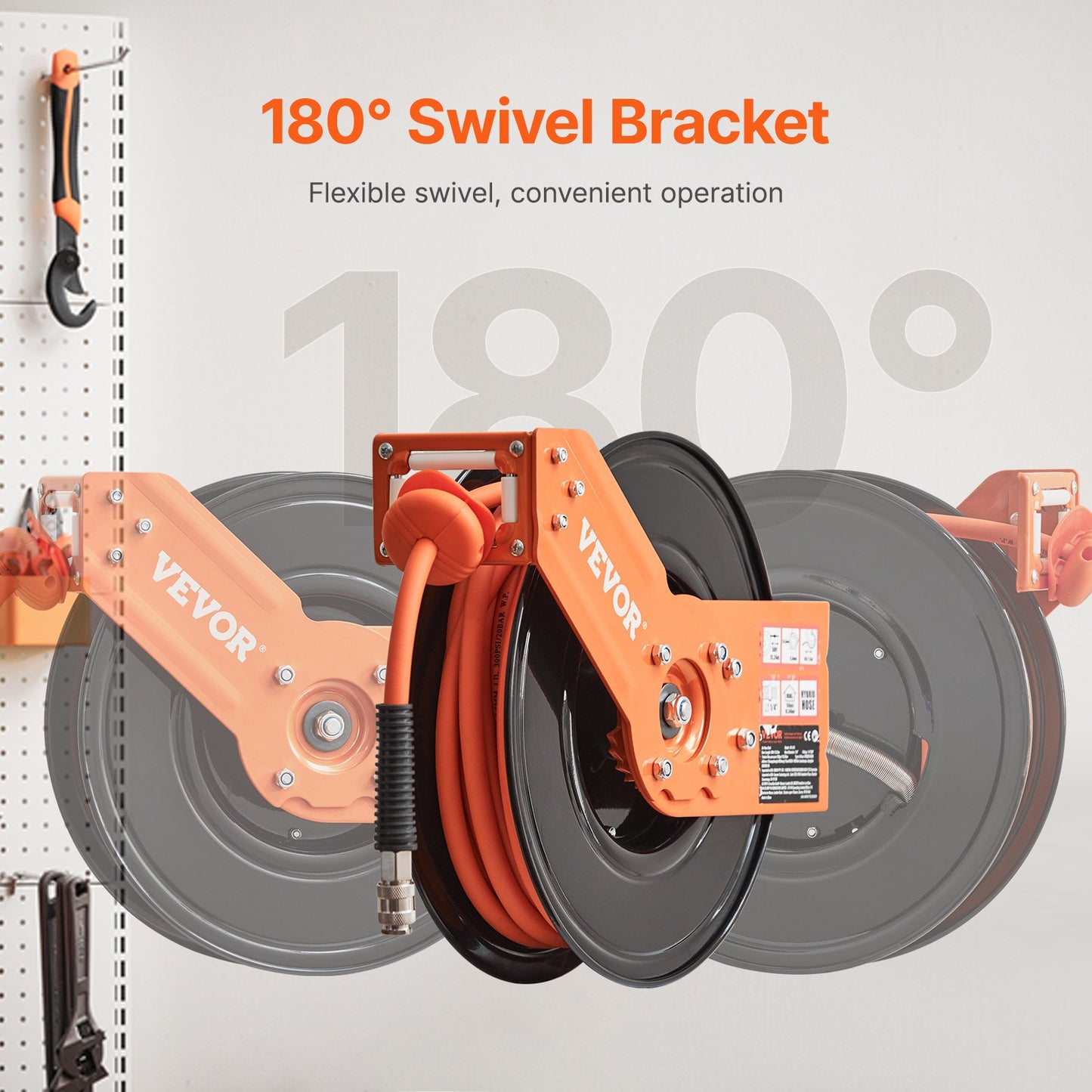 Retractable Air Hose Reel, 3/8IN x 50FT Hybrid Air Hose Max 300PSI, Air Compressor Hose Reel Auto-Rewind with 5FT Lead in, Ceiling/Wall Mount Heavy Duty Single Arm Reel & 180° Swivel Bracket