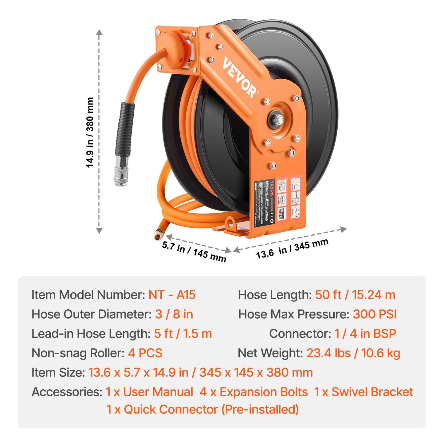 Retractable Air Hose Reel, 3/8IN x 50FT Hybrid Air Hose Max 300PSI, Air Compressor Hose Reel Auto-Rewind with 5FT Lead in, Ceiling/Wall Mount Heavy Duty Single Arm Reel & 180° Swivel Bracket