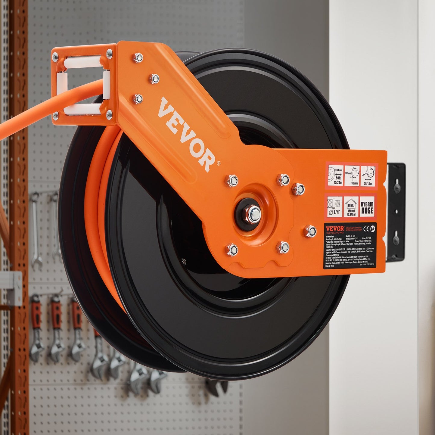 Retractable Air Hose Reel, 3/8IN x 50FT Hybrid Air Hose Max 300PSI, Air Compressor Hose Reel Auto-Rewind with 5FT Lead in, Ceiling/Wall Mount Heavy Duty Single Arm Reel & 180° Swivel Bracket