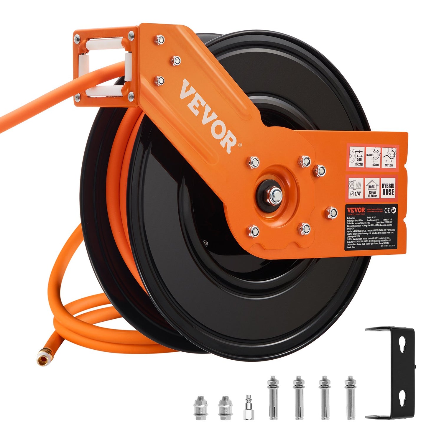 Retractable Air Hose Reel, 3/8IN x 50FT Hybrid Air Hose Max 300PSI, Air Compressor Hose Reel Auto-Rewind with 5FT Lead in, Ceiling/Wall Mount Heavy Duty Single Arm Reel & 180° Swivel Bracket