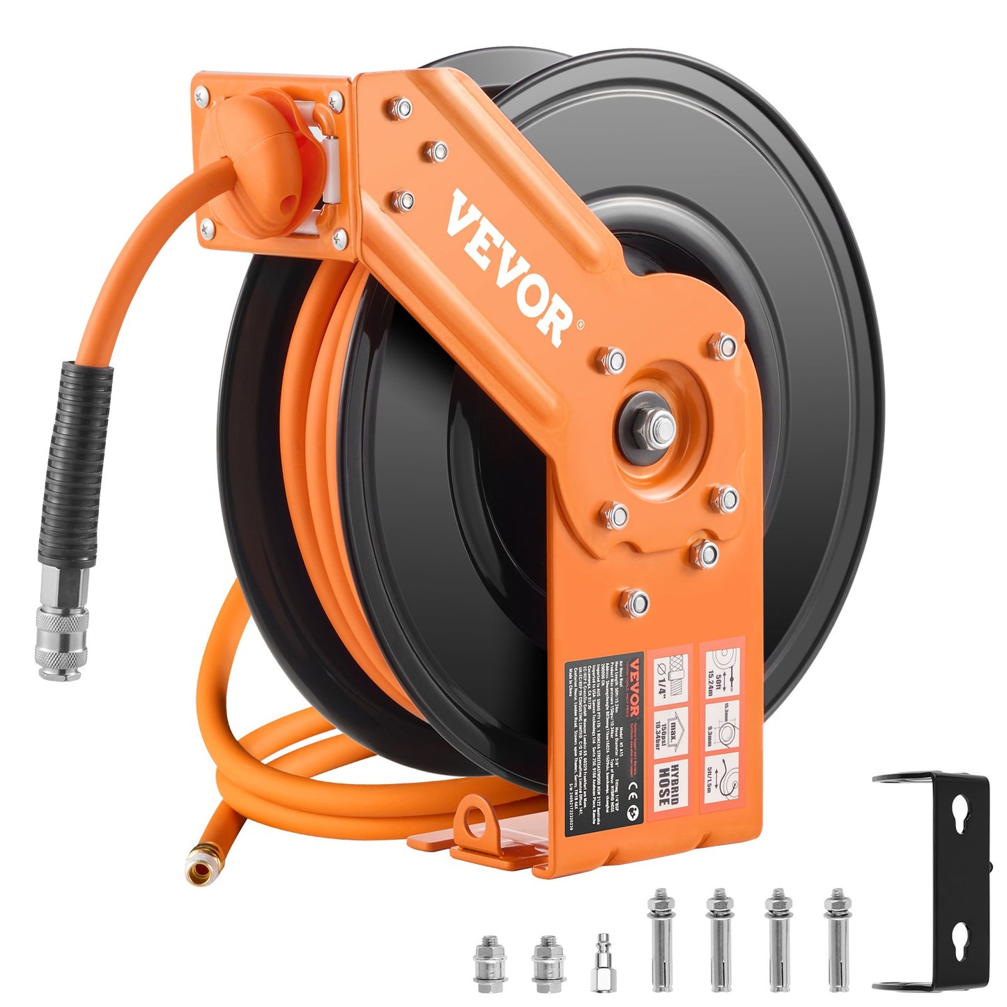 Retractable Air Hose Reel, 3/8IN x 50FT Hybrid Air Hose Max 300PSI, Air Compressor Hose Reel Auto-Rewind with 5FT Lead in, Ceiling/Wall Mount Heavy Duty Single Arm Reel & 180° Swivel Bracket