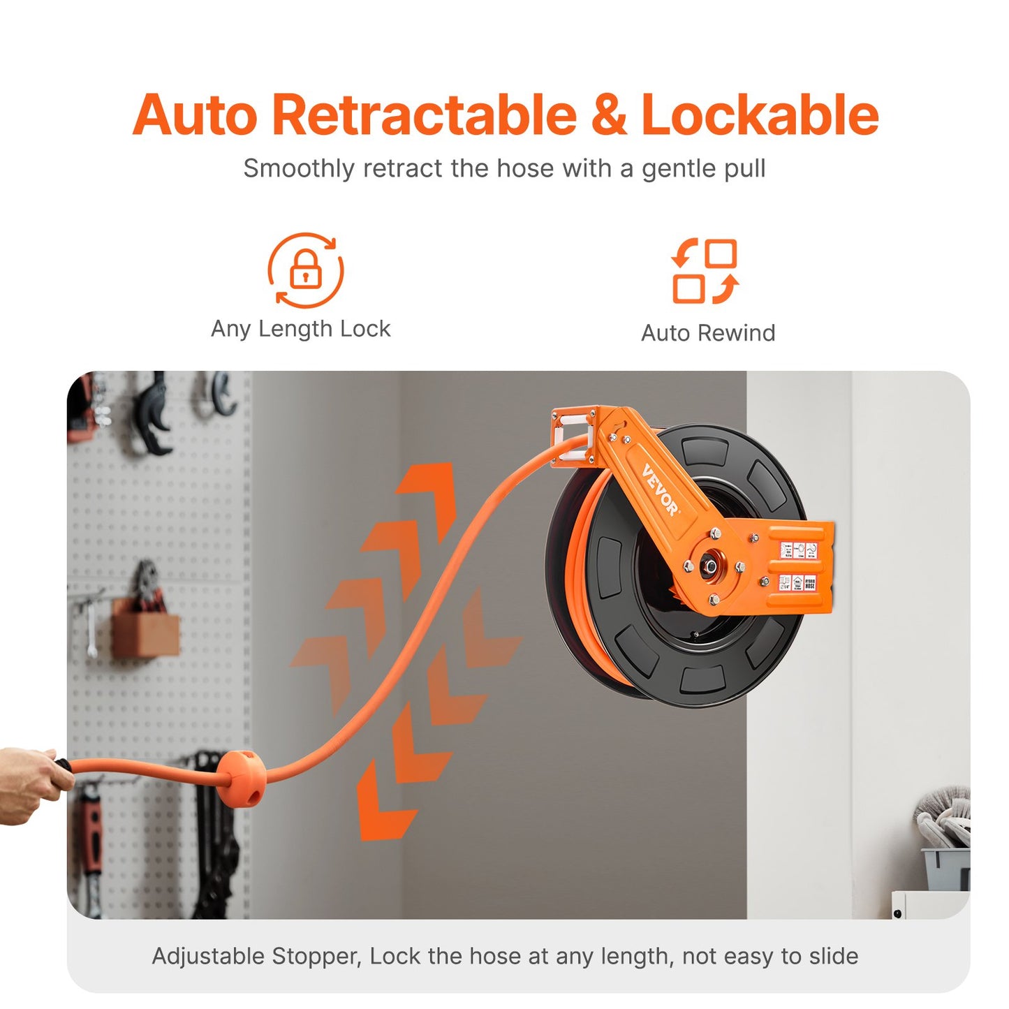 Einziehbarer Druckluftschlauchaufroller, 3/8 Zoll x 65 Fuß Hybrid-Druckluftschlauch, max. 300 PSI, automatischer Aufrollmechanismus mit 5 Fuß Zuleitung, robuste Einarm-Aufroller zur Decken-/Wandmontage für Werkstatt und Garage