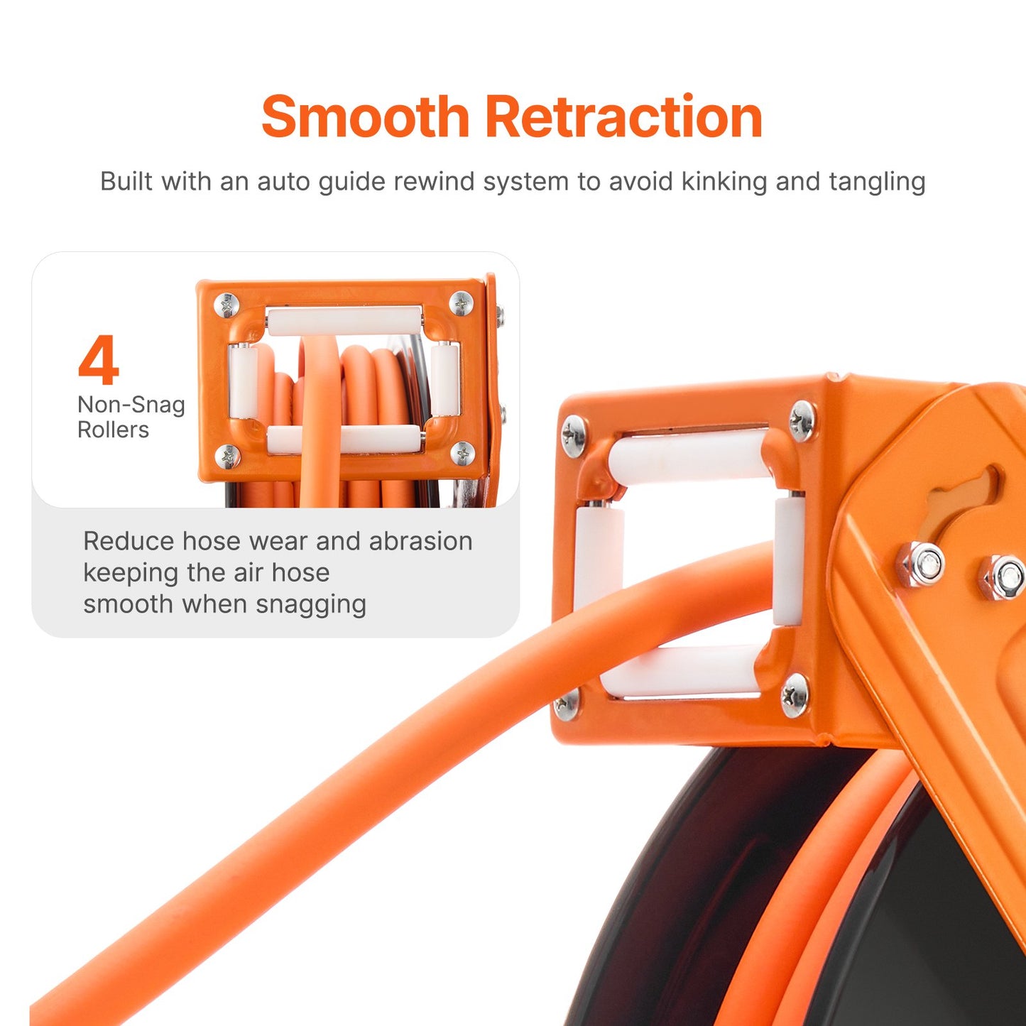 Einziehbarer Druckluftschlauchaufroller, 3/8 Zoll x 65 Fuß Hybrid-Druckluftschlauch, max. 300 PSI, automatischer Aufrollmechanismus mit 5 Fuß Zuleitung, robuste Einarm-Aufroller zur Decken-/Wandmontage für Werkstatt und Garage