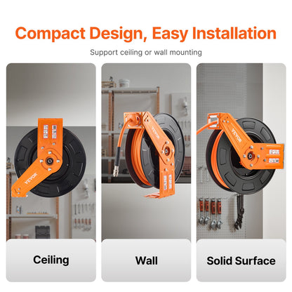 Einziehbarer Druckluftschlauchaufroller, 3/8 Zoll x 65 Fuß Hybrid-Druckluftschlauch, max. 300 PSI, automatischer Aufrollmechanismus mit 5 Fuß Zuleitung, robuste Einarm-Aufroller zur Decken-/Wandmontage für Werkstatt und Garage