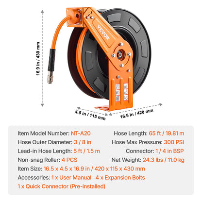 Einziehbarer Druckluftschlauchaufroller, 3/8 Zoll x 65 Fuß Hybrid-Druckluftschlauch, max. 300 PSI, automatischer Aufrollmechanismus mit 5 Fuß Zuleitung, robuste Einarm-Aufroller zur Decken-/Wandmontage für Werkstatt und Garage