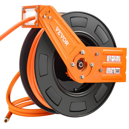 Einziehbarer Druckluftschlauchaufroller, 3/8 Zoll x 65 Fuß Hybrid-Druckluftschlauch, max. 300 PSI, automatischer Aufrollmechanismus mit 5 Fuß Zuleitung, robuste Einarm-Aufroller zur Decken-/Wandmontage für Werkstatt und Garage