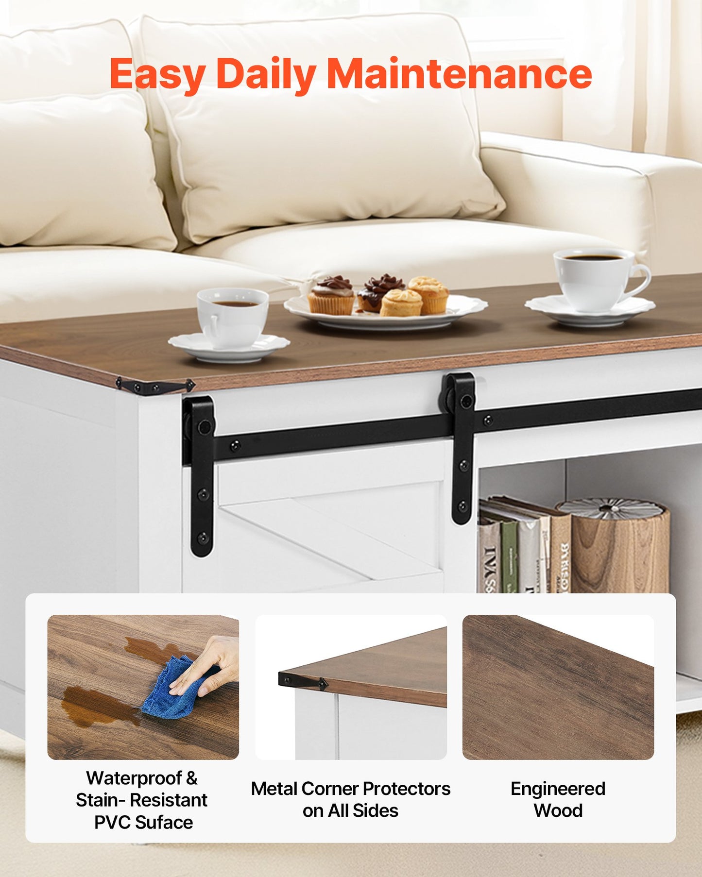 1200 mm Farmhouse Lift Top Coffee Table, Rustic Center Table with Barn Door and Hidden Storage Compartment, Modern Rectangle Lifting Tabletop for Living Room, Office, Home, Easy Assembly, White