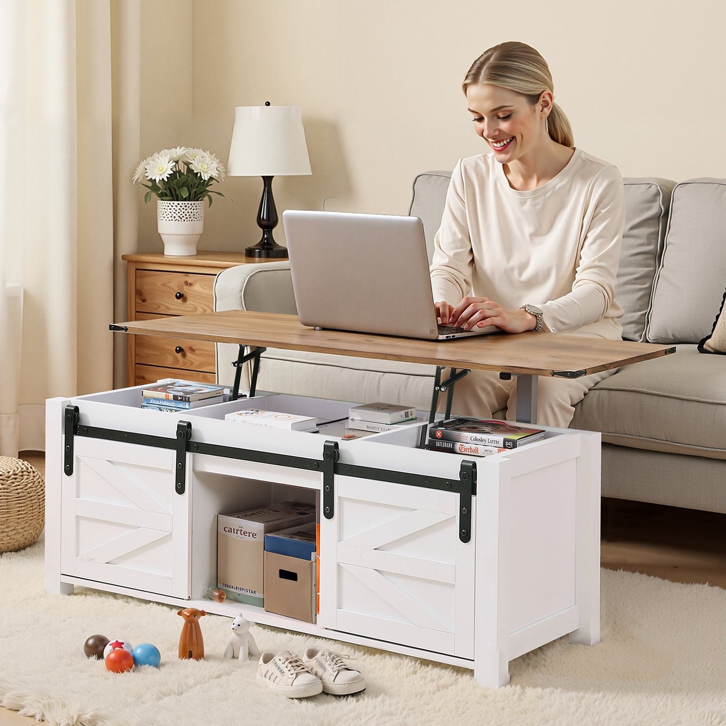 1200 mm Farmhouse Lift Top Coffee Table, Rustic Center Table with Barn Door and Hidden Storage Compartment, Modern Rectangle Lifting Tabletop for Living Room, Office, Home, Easy Assembly, White